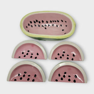 Vintage 1978 Ceramic Watermelon Large Fruit Salad Bowl Set With 4 Serving Plates